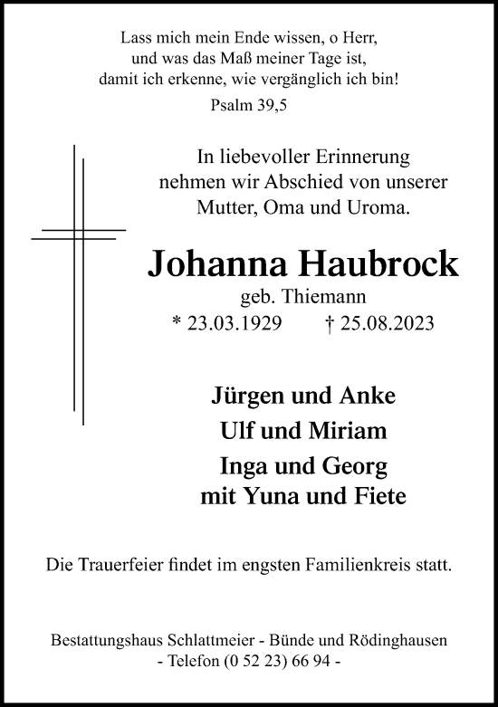 Traueranzeige von Johanna Haubrock von Neue Westfälische