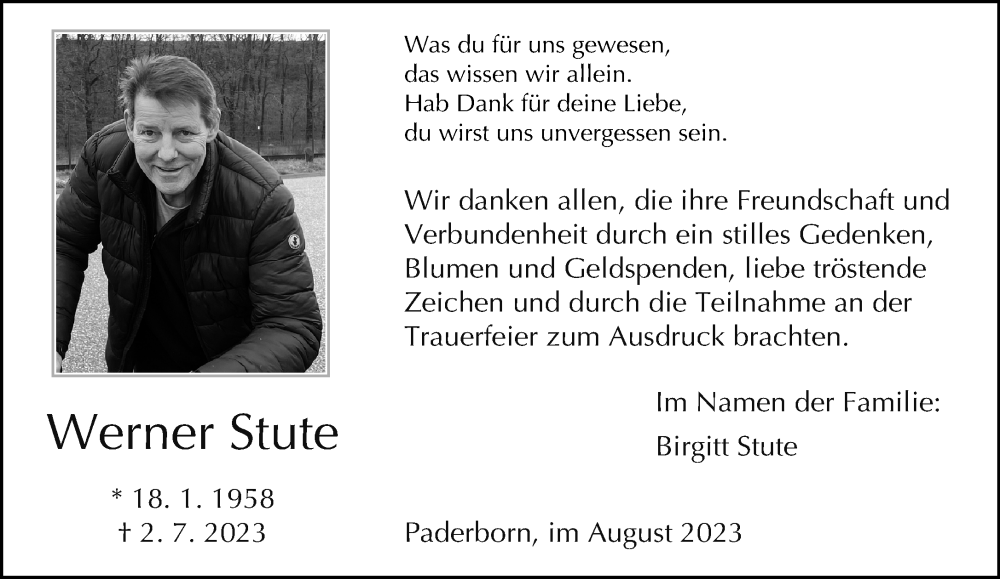  Traueranzeige für Werner Stute vom 12.08.2023 aus Neue Westfälische