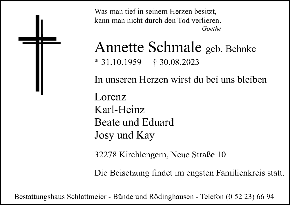  Traueranzeige für Annette Schmale vom 02.09.2023 aus Neue Westfälische