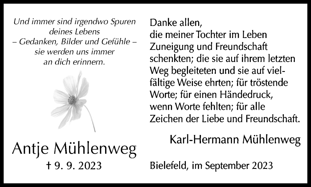  Traueranzeige für Antje Mühlenweg vom 30.09.2023 aus Neue Westfälische
