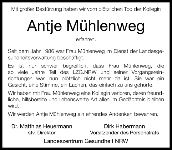 Traueranzeige von Antje Mühlenweg von Neue Westfälische