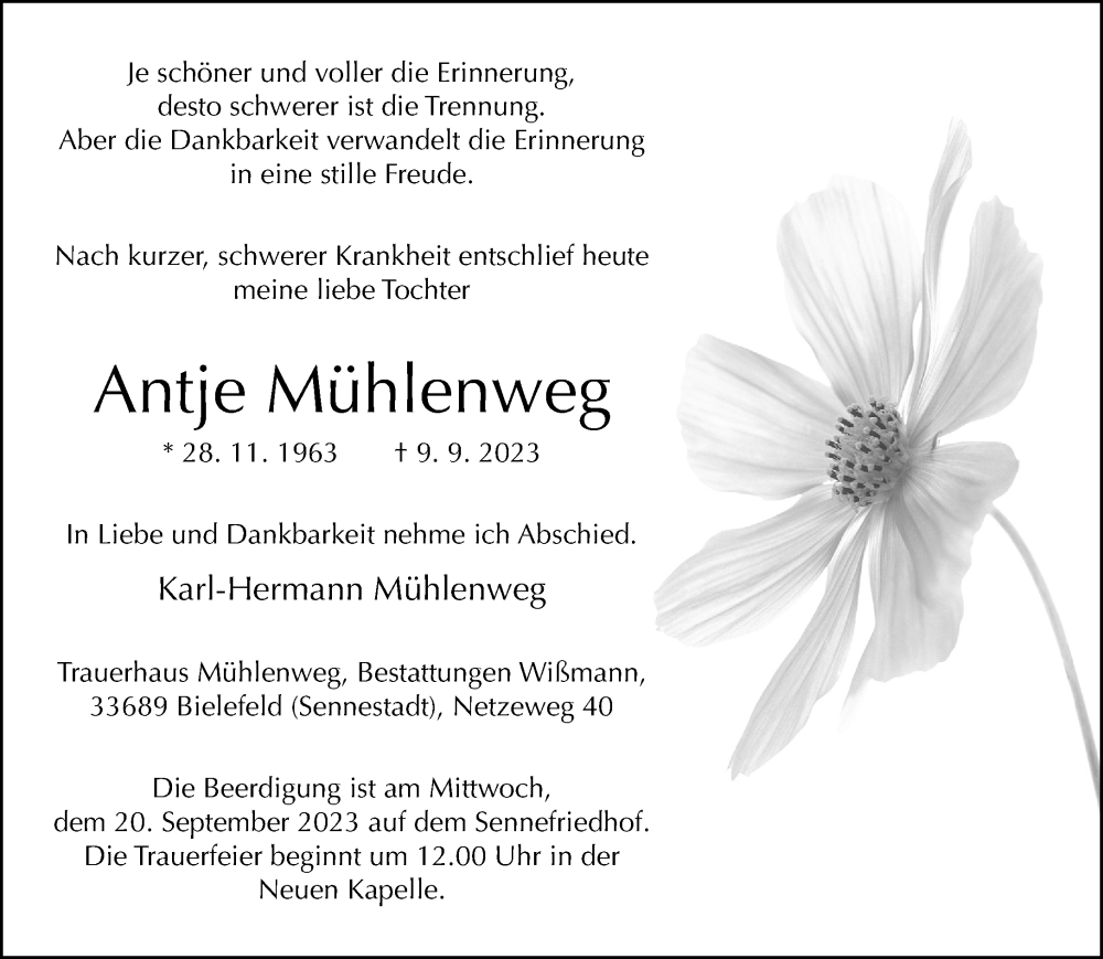  Traueranzeige für Antje Mühlenweg vom 16.09.2023 aus Neue Westfälische