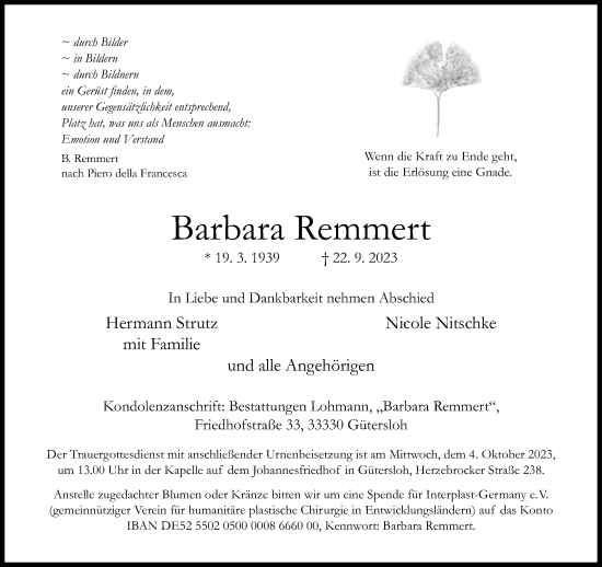 Traueranzeige von Barbara Remmert von Neue Westfälische