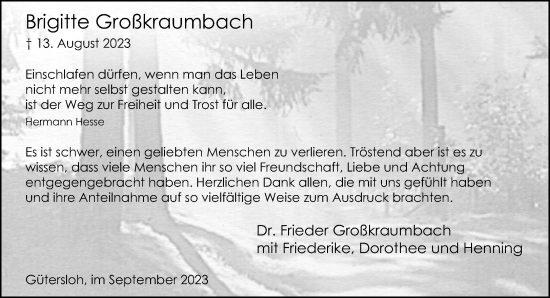 Traueranzeige von Brigitte Großkraumbach von Neue Westfälische