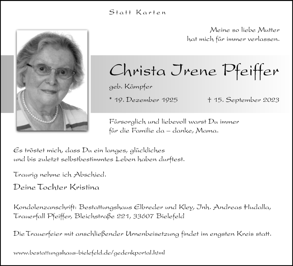  Traueranzeige für Christa Irene Pfeiffer vom 23.09.2023 aus Neue Westfälische