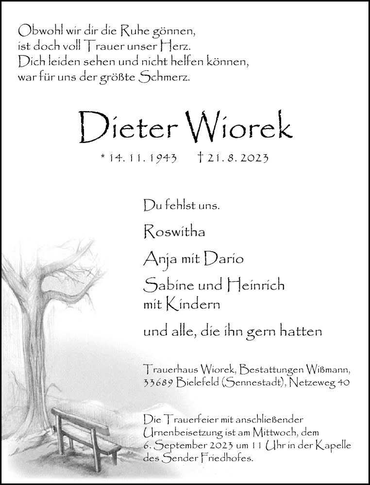  Traueranzeige für Dieter Wiorek vom 02.09.2023 aus Neue Westfälische
