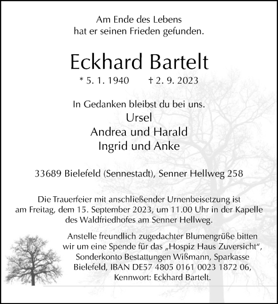 Traueranzeige von Eckhard Bartelt von Neue Westfälische