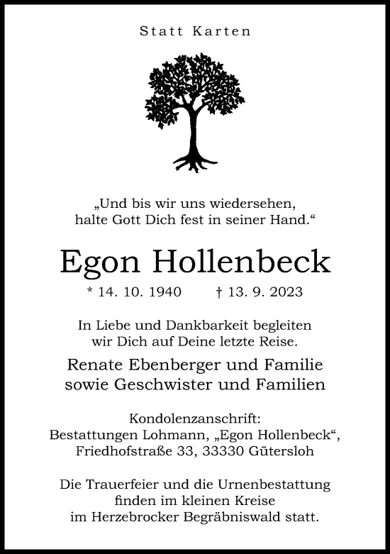 Traueranzeige von Egon Hollenbeck von Neue Westfälische