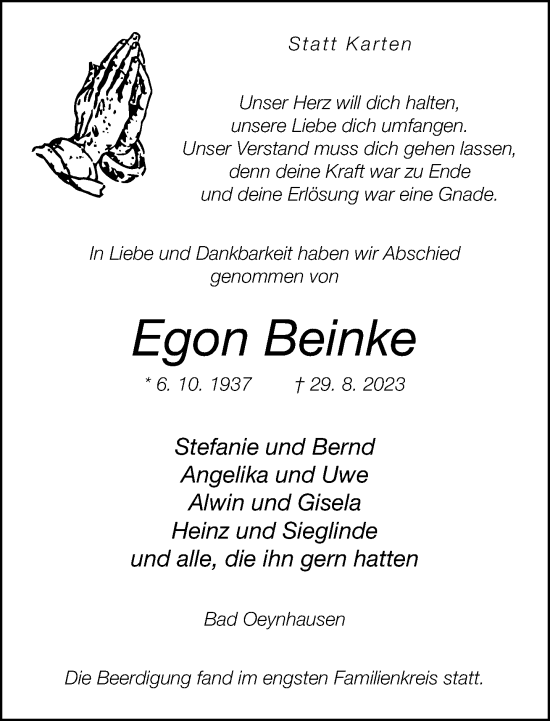 Traueranzeige von Egon Reinke von Neue Westfälische