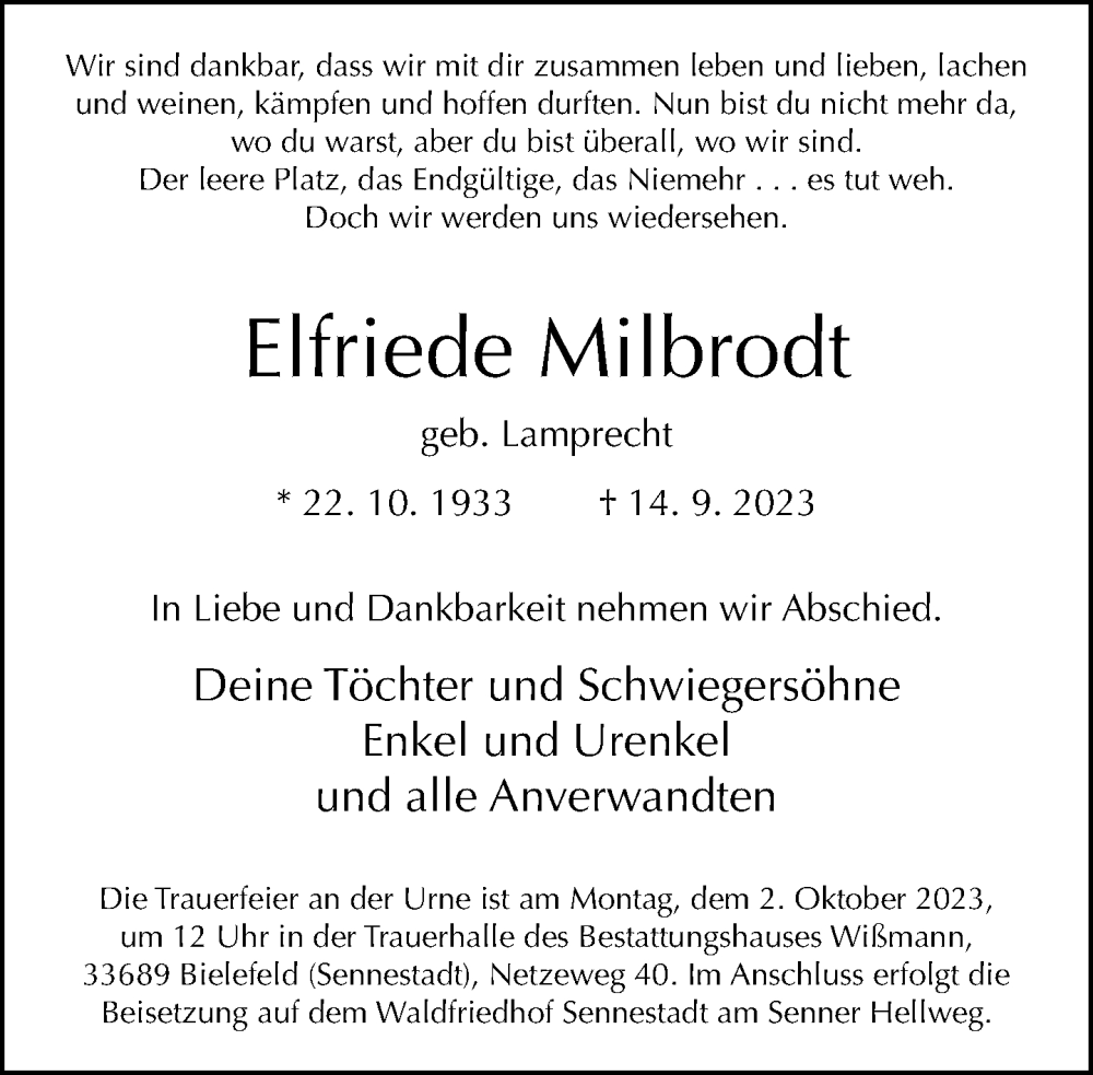  Traueranzeige für Elfriede Milbrodt vom 23.09.2023 aus Neue Westfälische