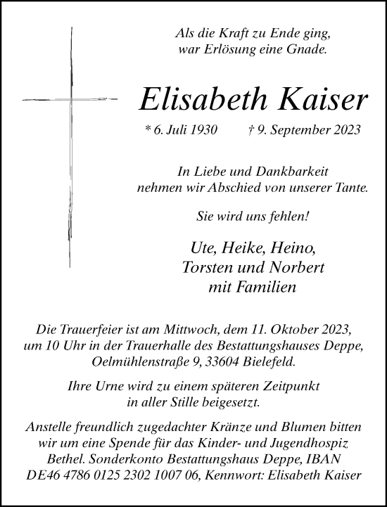Traueranzeige von Elisabeth Kaiser von Neue Westfälische