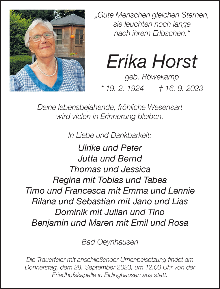  Traueranzeige für Erika Horst vom 23.09.2023 aus Neue Westfälische
