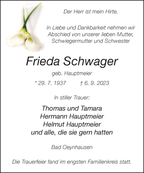 Traueranzeige von Frieda Schwager von Neue Westfälische