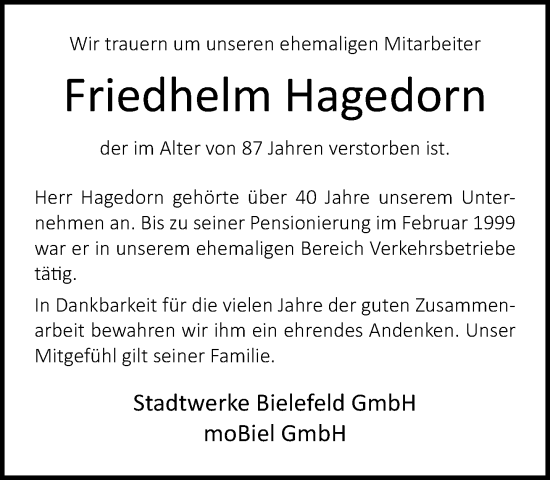 Traueranzeige von Friedhelm Hagedorn von Neue Westfälische