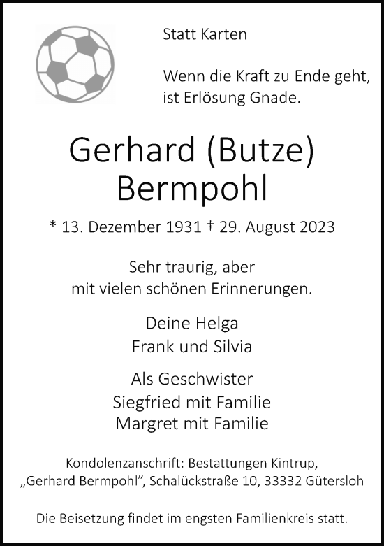 Traueranzeige von Gerhard Bermpohl von Neue Westfälische