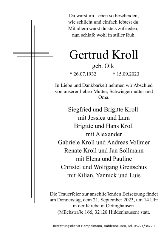 Traueranzeige von Gertrud Kroll von Neue Westfälische