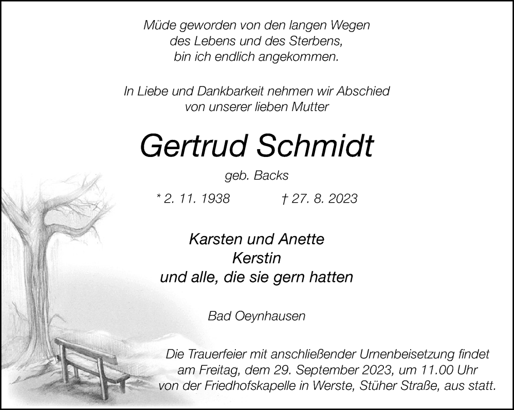  Traueranzeige für Gertrud Schmidt vom 23.09.2023 aus Neue Westfälische