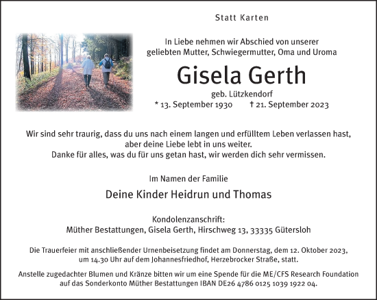 Traueranzeige von Gisela Gerth von Neue Westfälische