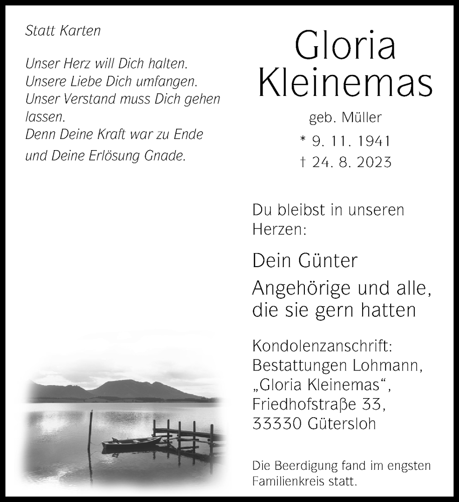  Traueranzeige für Gloria Kleinemas vom 05.09.2023 aus Neue Westfälische