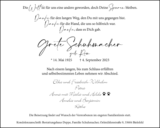 Traueranzeige von Grete Schuhmacher von Neue Westfälische