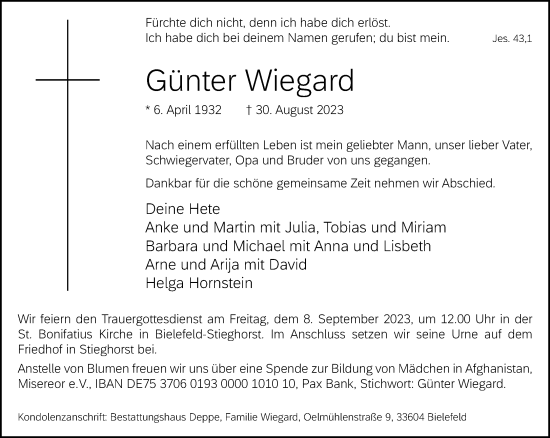 Traueranzeige von Günter Wiegard von Neue Westfälische