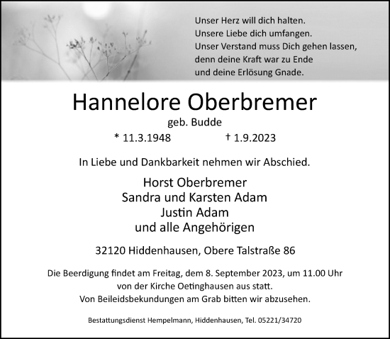 Traueranzeige von Hannelore Oberbremer von Neue Westfälische