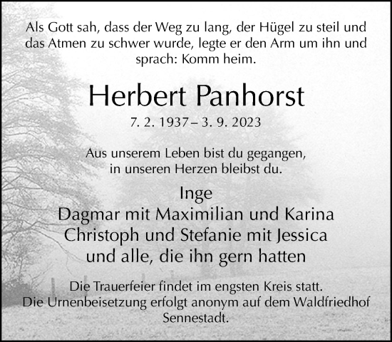 Traueranzeige von Herbert Panhorst von Neue Westfälische