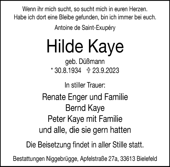 Traueranzeige von Hilde Kaye von Neue Westfälische