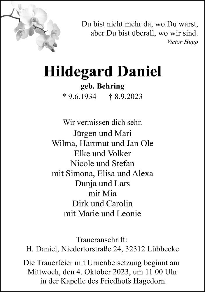  Traueranzeige für Hildegard Daniel vom 23.09.2023 aus Neue Westfälische