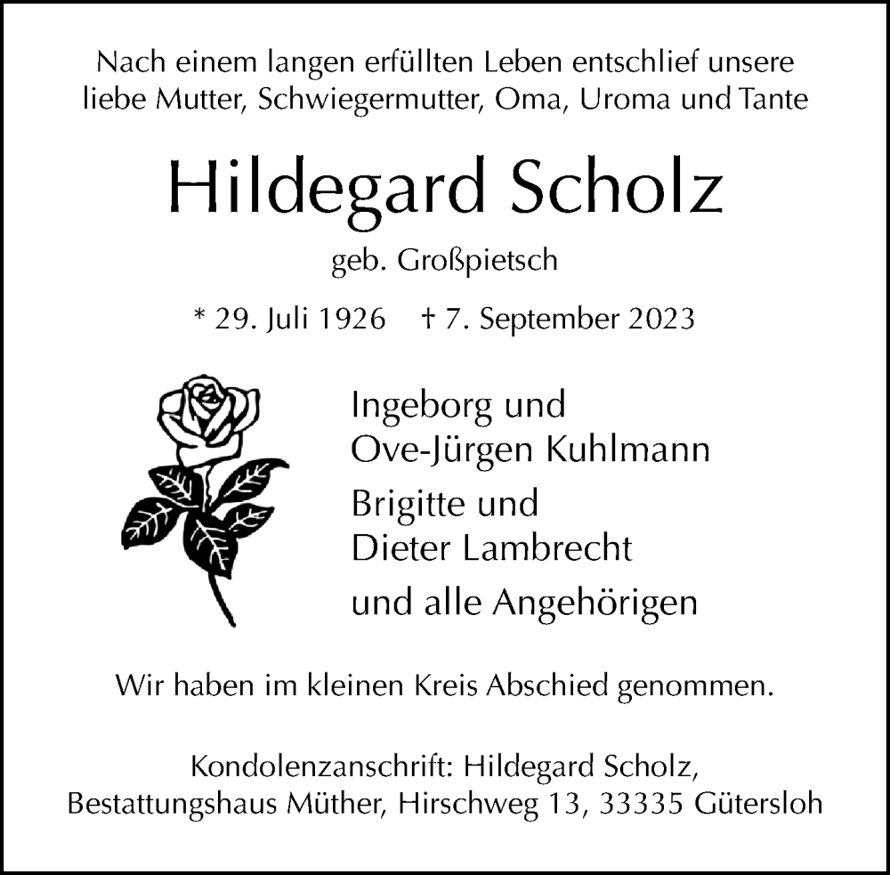  Traueranzeige für Hildegard Scholz vom 30.09.2023 aus Neue Westfälische