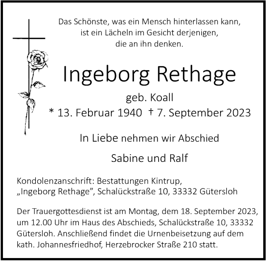 Traueranzeige von Ingeborg Rethage von Neue Westfälische