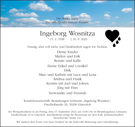 Traueranzeige von Ingeborg Wosnitza von Neue Westfälische