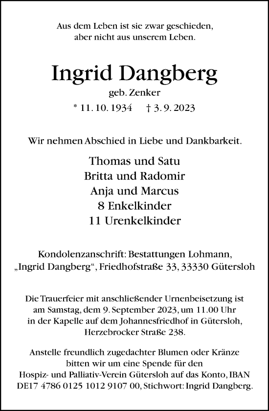 Traueranzeige von Ingrid Dangberg von Neue Westfälische