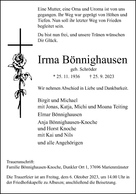 Traueranzeige von Irma Bönnighausen von Neue Westfälische