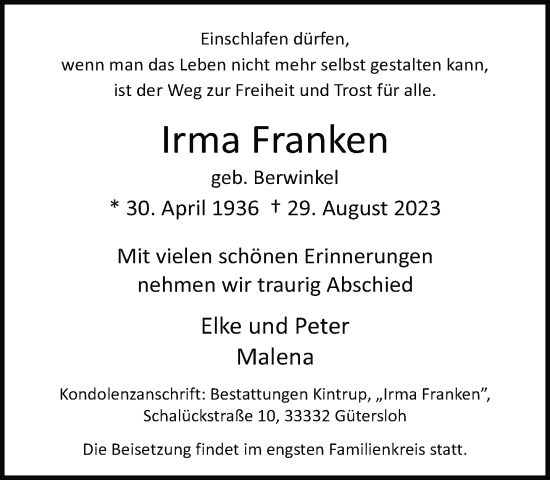 Traueranzeige von Irma Franken von Neue Westfälische