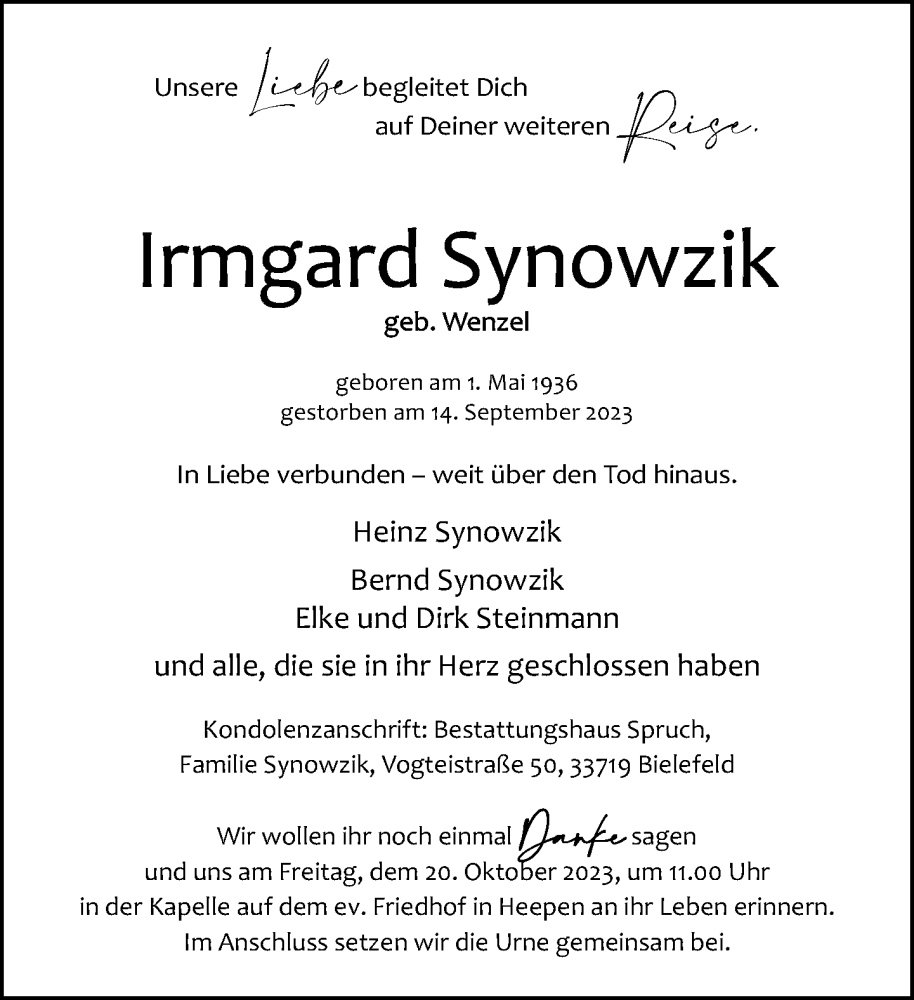  Traueranzeige für Irmgard Synowzik vom 23.09.2023 aus Neue Westfälische