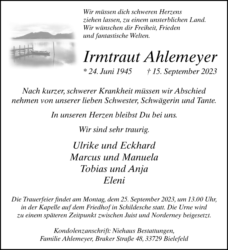  Traueranzeige für Irmtraut Ahlemeyer vom 20.09.2023 aus Neue Westfälische