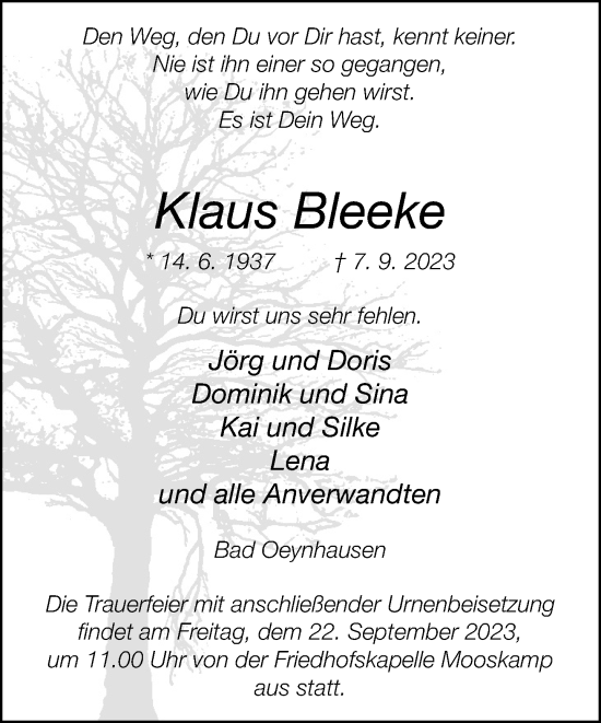 Traueranzeige von Klaus Bleeke von Neue Westfälische
