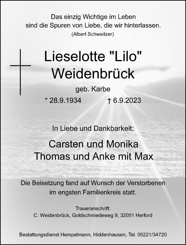  Traueranzeige für Lieselotte Weidenbrück vom 16.09.2023 aus Neue Westfälische