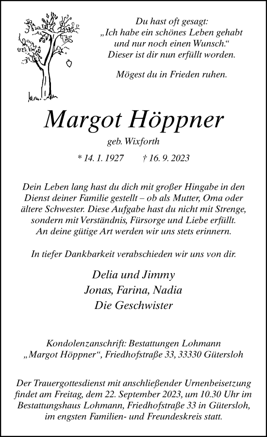 Traueranzeige von Margot Höppner von Neue Westfälische
