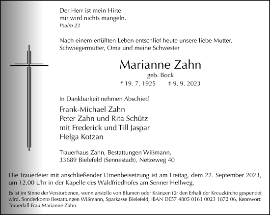 Traueranzeige von Marianne Zahn von Neue Westfälische