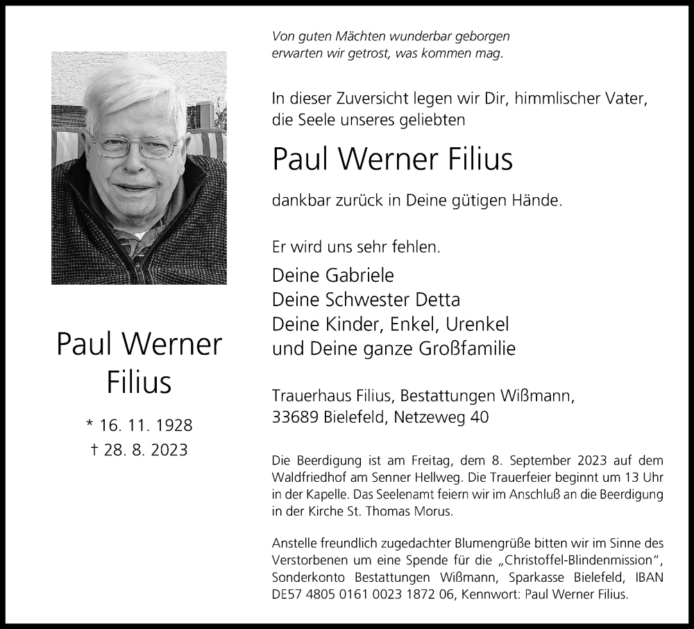  Traueranzeige für Paul Werner Filius vom 02.09.2023 aus Neue Westfälische