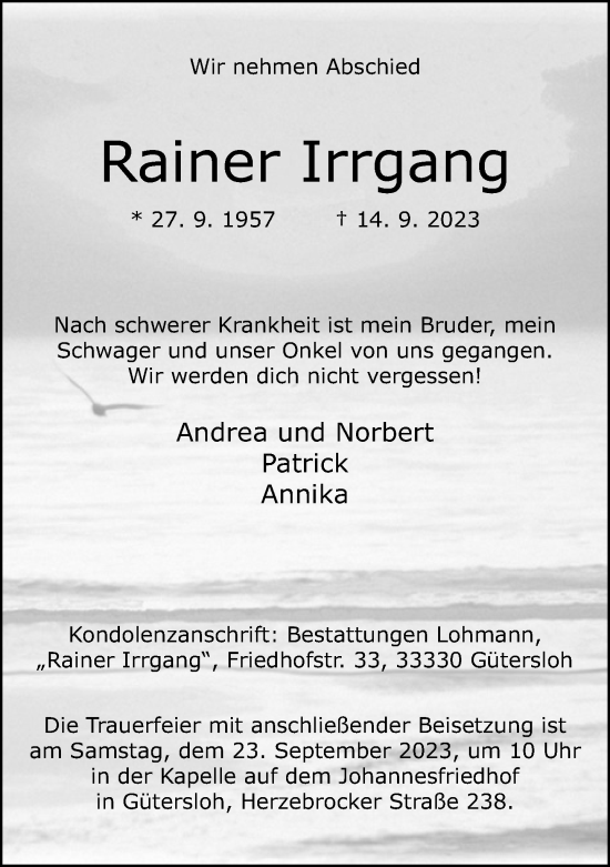 Traueranzeige von Rainer Irrgang von Neue Westfälische