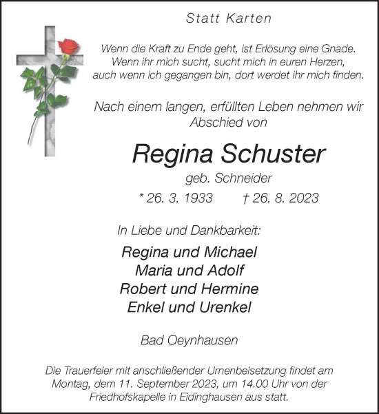 Traueranzeige von Regina Schuster von Neue Westfälische