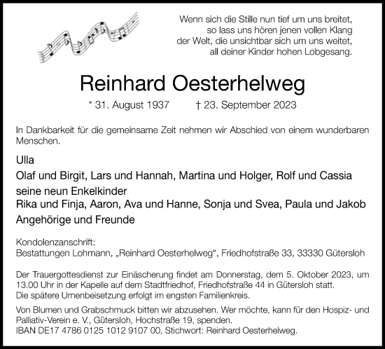 Traueranzeige von Reinhard Oesterhelweg von Neue Westfälische