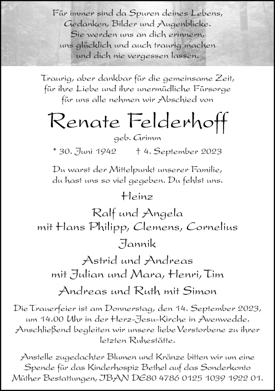 Traueranzeige von Renate Felderhoff von Neue Westfälische