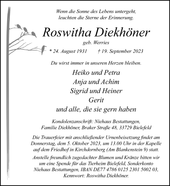 Traueranzeige von Roswitha Diekhöner von Neue Westfälische