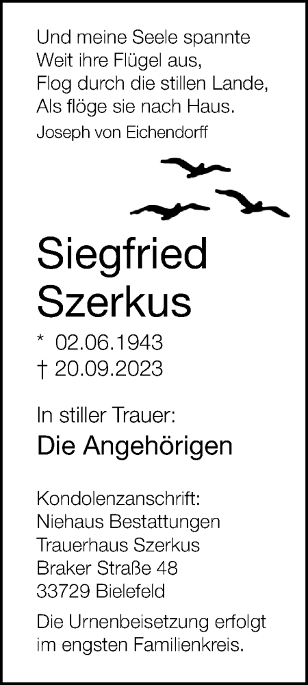 Traueranzeige von Siegfried Szerkus von Neue Westfälische