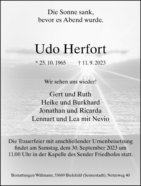 Traueranzeige von Udo Herfort von Neue Westfälische