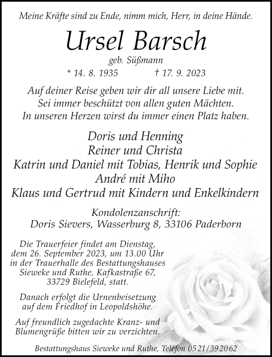 Traueranzeige von Ursel Barsch von Neue Westfälische